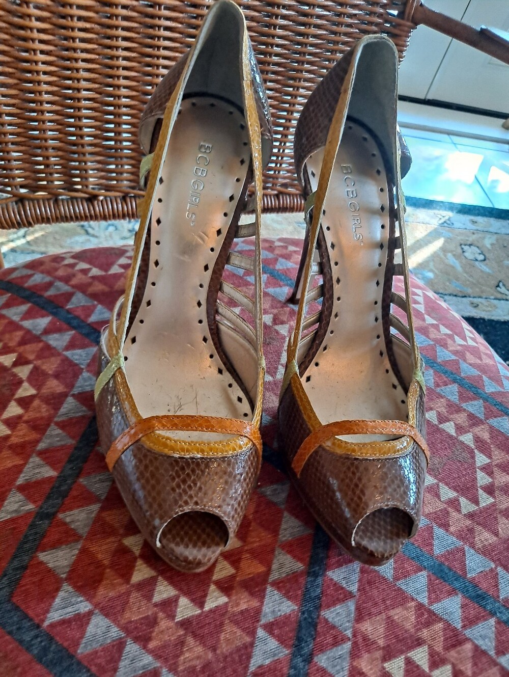 BCBGirls Brown and Tan Snakeskin Peep-Toe Heels